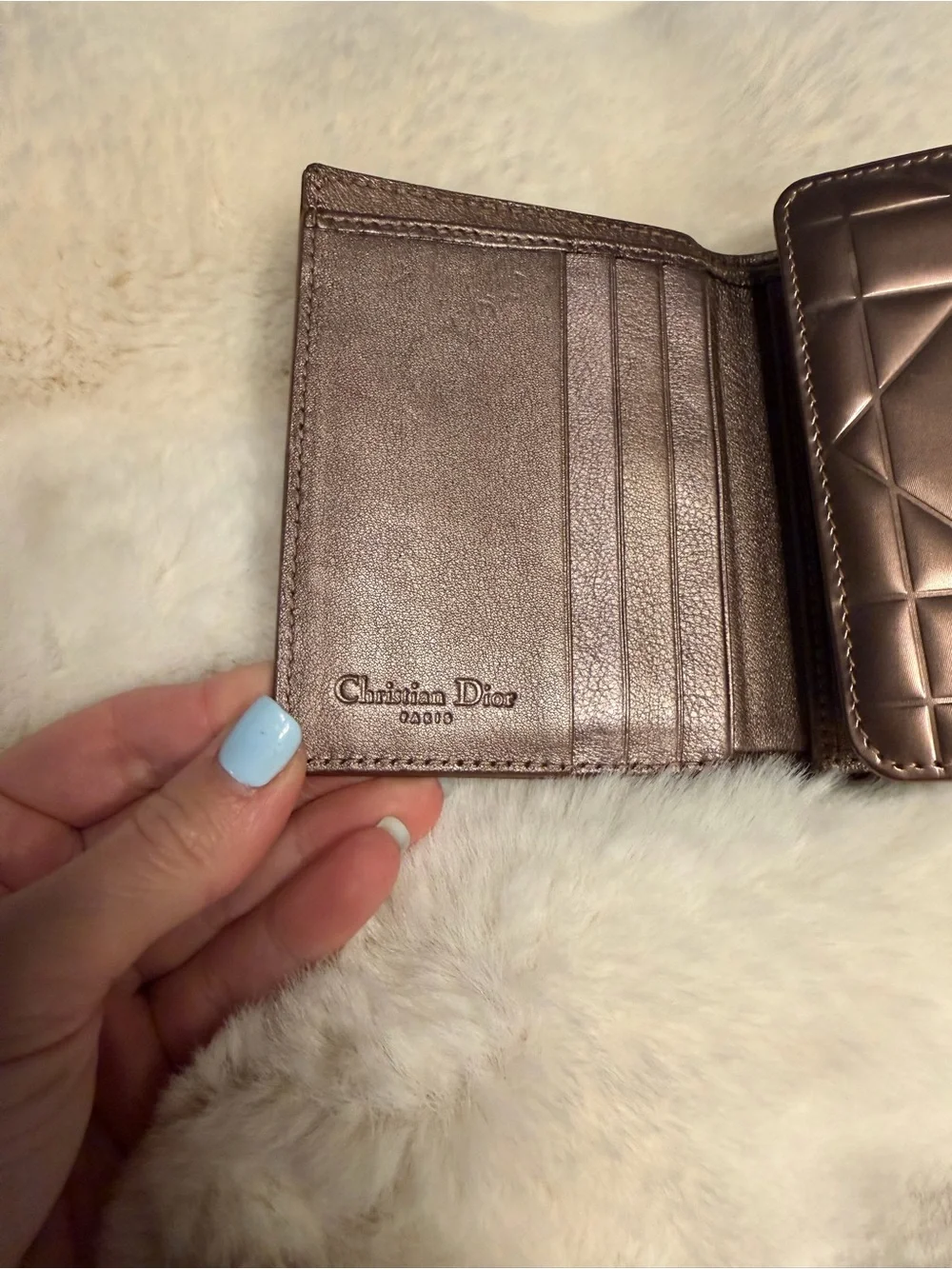 Dior Metallic Rose Gold Quilted Small Wallet with Dior Charms
